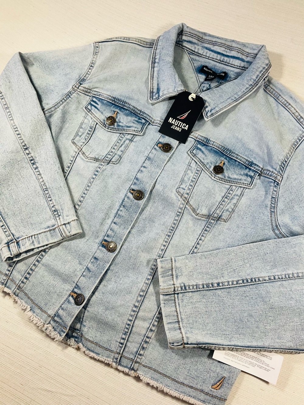 NWT NAUTICA Retro 90s Style Acid Washed Distressed Denim Jean Jacket Woman LG